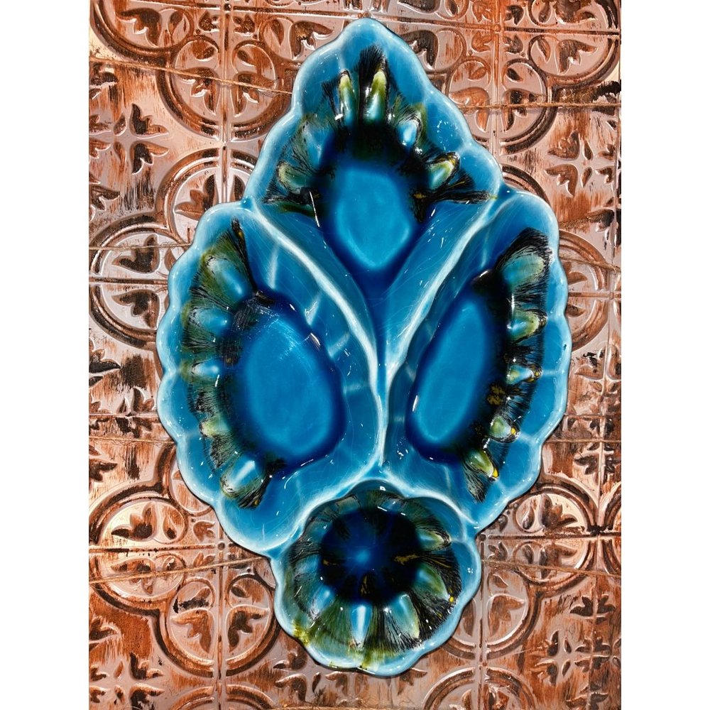 MCM California Pottery 4 Section Candy/Nut Dish Blues and Greens